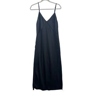 A New Day Slip Dress Sz M Black Satin Midi Y2K Babydoll Flirty City Minimalist